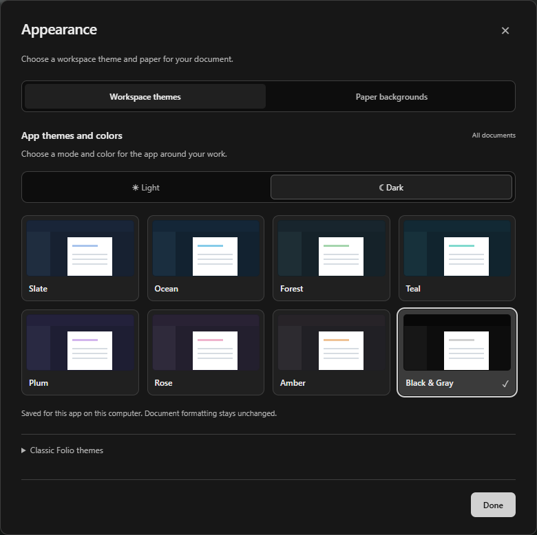 Folio’s Appearance window with Dark mode and the Black and Gray theme selected